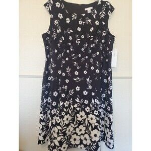 London Times Dress Women Size 16W Black with White Flowers Stretch Fit Flare